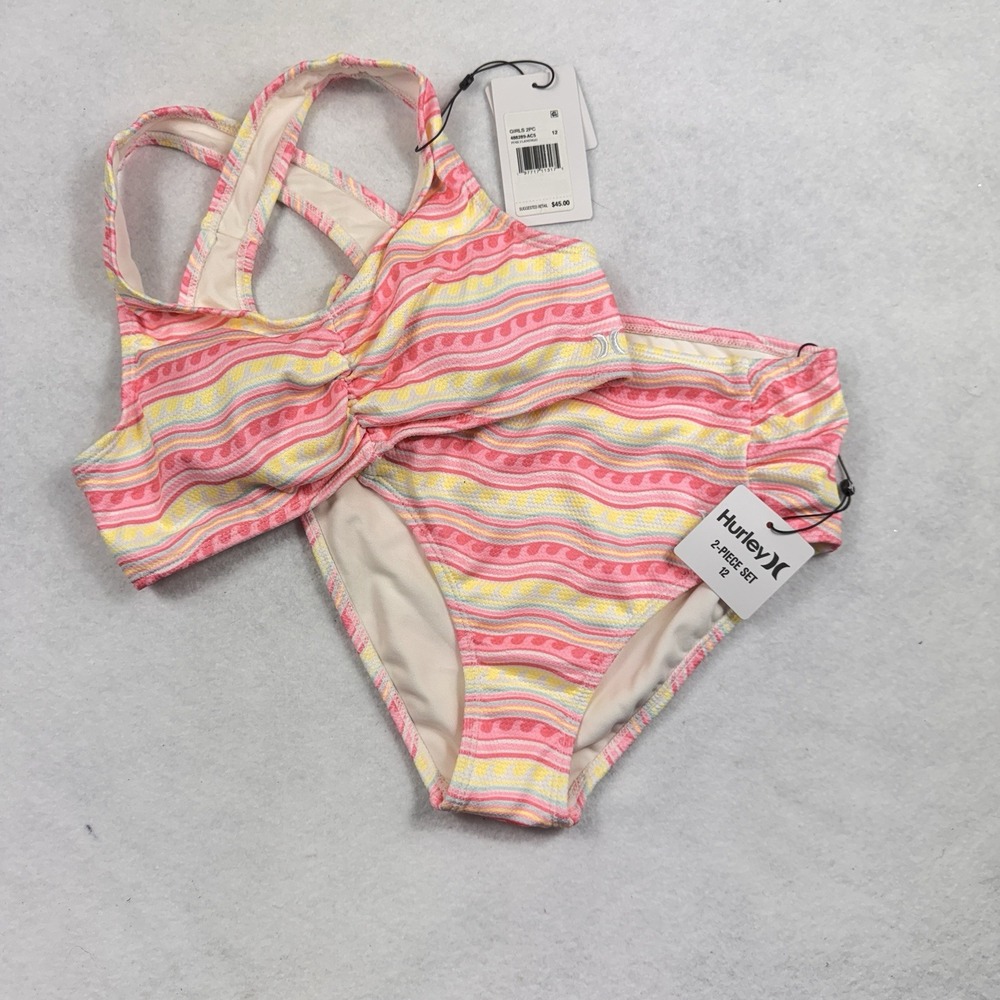 Hurley 2-Piece Swimsuit Girls Size 12 Pink Flamingo Stripe Bikini Set Beachwear‎